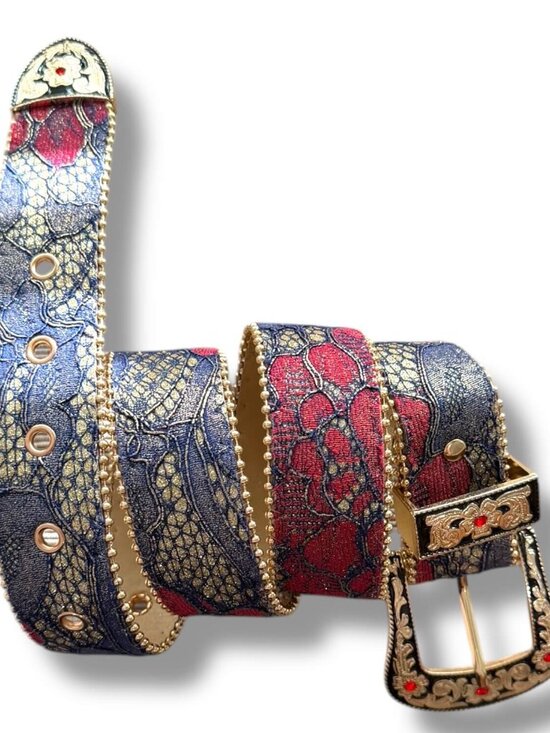 Accessories - Blue Floral Tapestry Ornate Buckle Western Belt